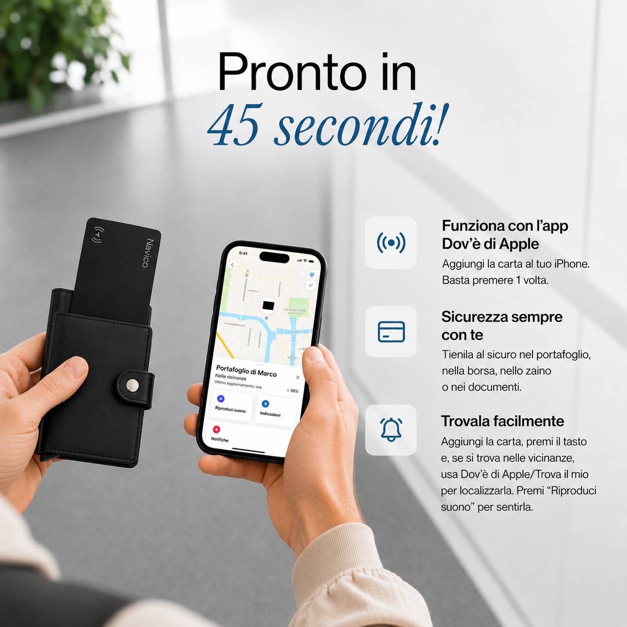 Tranquillità in Ogni Situazione – Carta Localizzatrice Navico per Portafoglio, Valigia e Auto | Android & iPhone